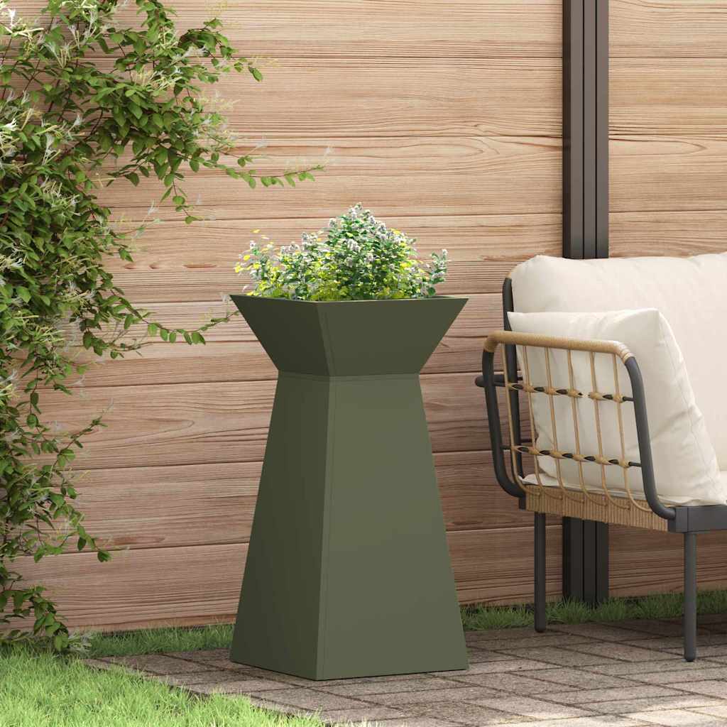 Vaso da giardino a pilastro  con ciotola verde oliva, dimensioni 35x35x73 cm, in acciaio. 873844