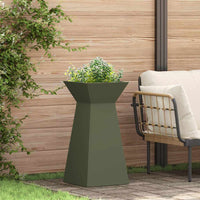 Vaso da giardino a pilastro  con ciotola verde oliva, dimensioni 35x35x73 cm, in acciaio. 873844