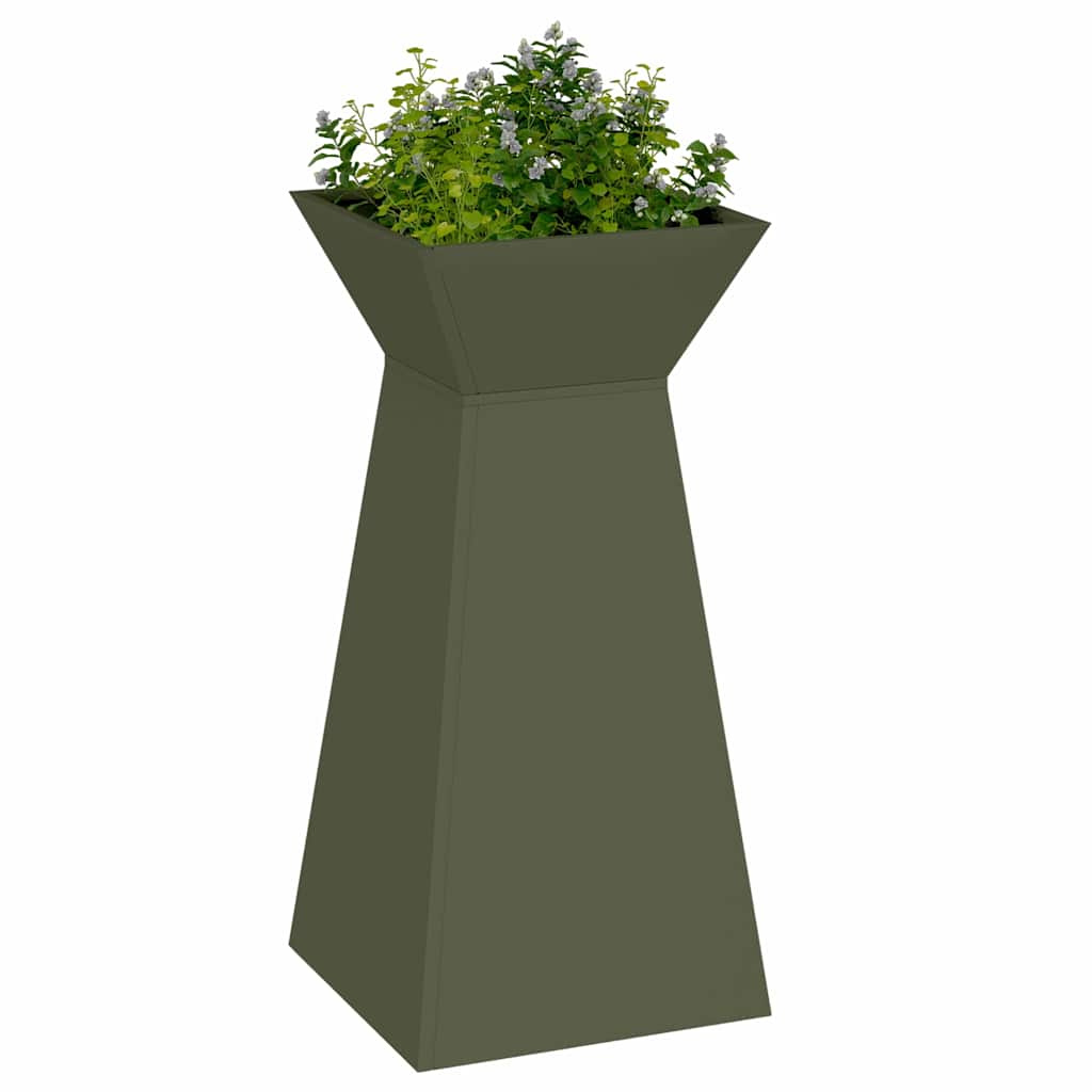 Vaso da giardino a pilastro  con ciotola verde oliva, dimensioni 35x35x73 cm, in acciaio. 873844