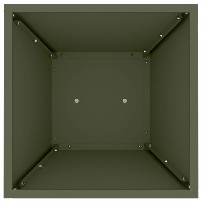 Vaso da giardino a pilastro  con ciotola verde oliva, dimensioni 35x35x73 cm, in acciaio. 873844