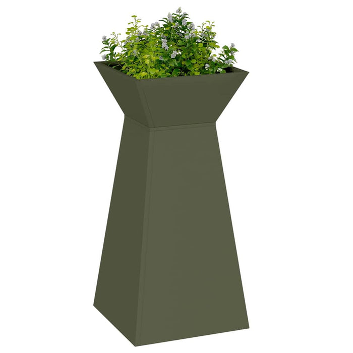 Piantane da giardino , due pezzi con ciotola verde oliva, misure 35x35x73 cm, fatte in acciaio. 873845