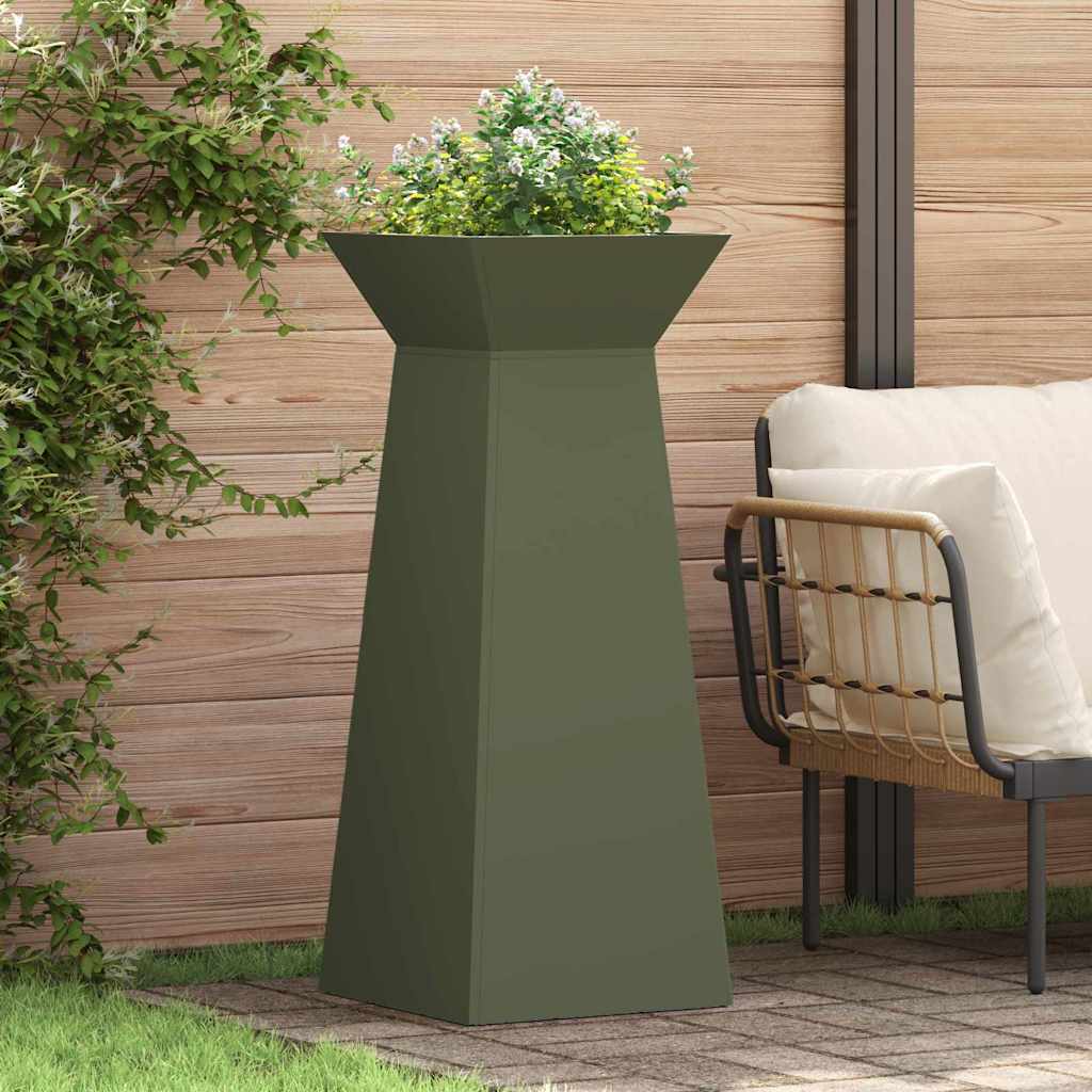 Vasi da Giardino a Colonna , 2 pz con Ciotola Verde Oliva, 40x40x100 cm in Acciaio. 873859