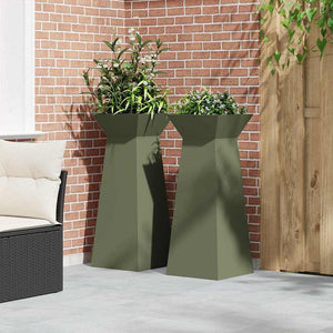 Vasi da Giardino a Colonna , 2 pz con Ciotola Verde Oliva, 40x40x100 cm in Acciaio. 873859