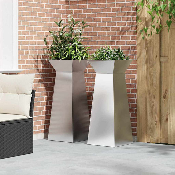 Vasi da giardino a colonna , 2 pz con ciotola, 40x40x100 cm, in acciaio inox. 873861