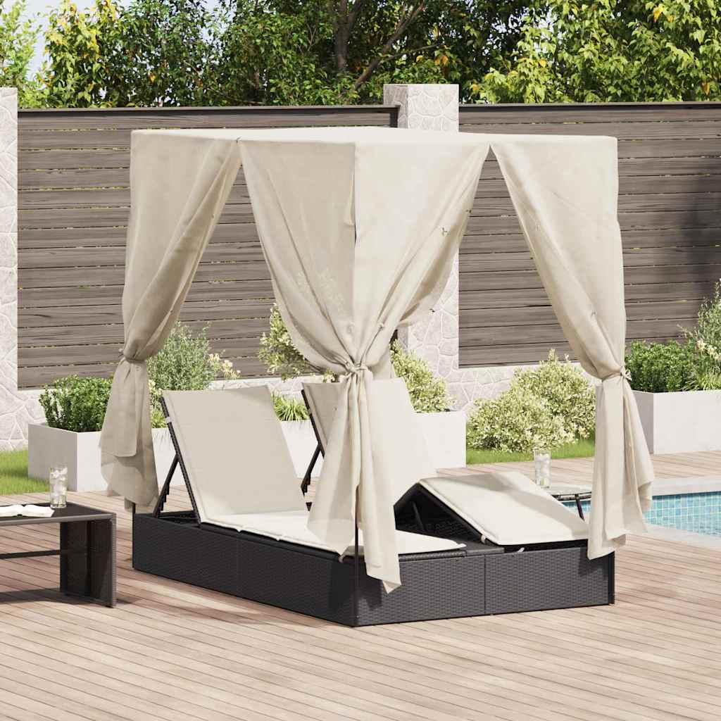 Lettino doppi con Tetto Nero 205 x 129 x 200 cm Rattan PE 3376127
