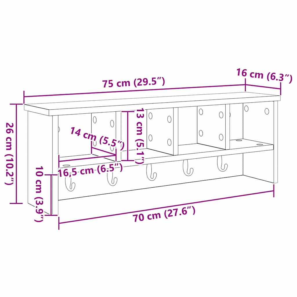 vidaXL Appendiabiti a muro Bianco 75 x 16 x 26 cm Legno multistrato