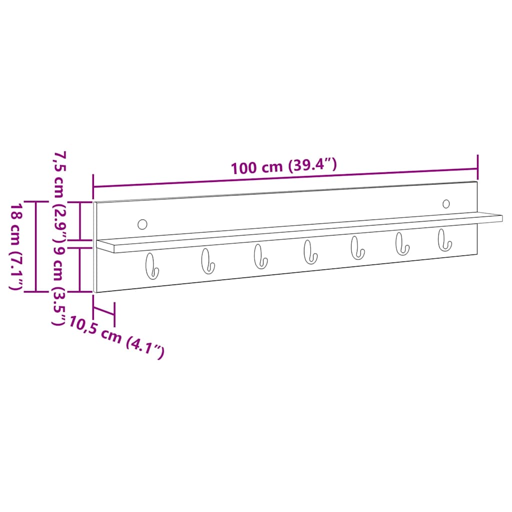 vidaXL Appendiabiti a muro Grigio sonoma 100 x 10.5 x 18 cm