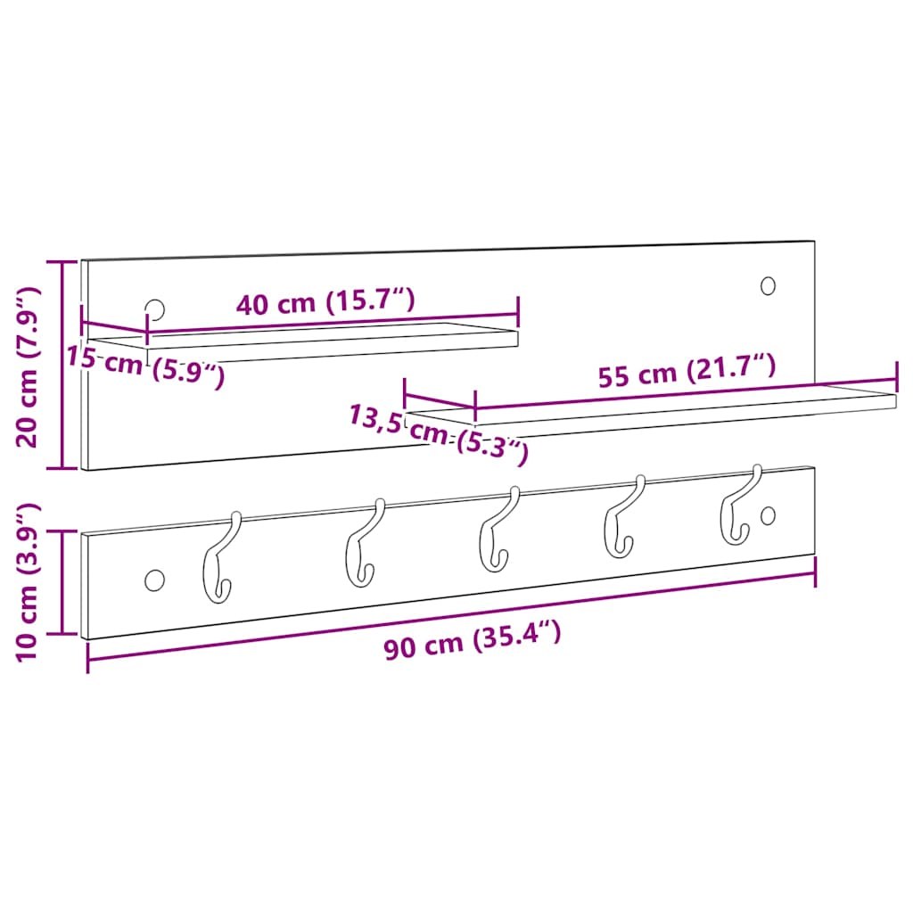 vidaXL Appendiabiti a muro rovere sonoma 90 x 15 x 36 cm
