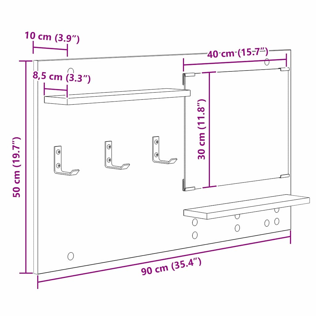 vidaXL Appendiabiti a muro con specchio Grigio cemento 90 x 10 x 50 cm