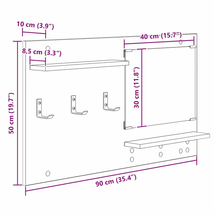 vidaXL Appendiabiti a muro rovere artigianale 90 x 10 x 50 cm