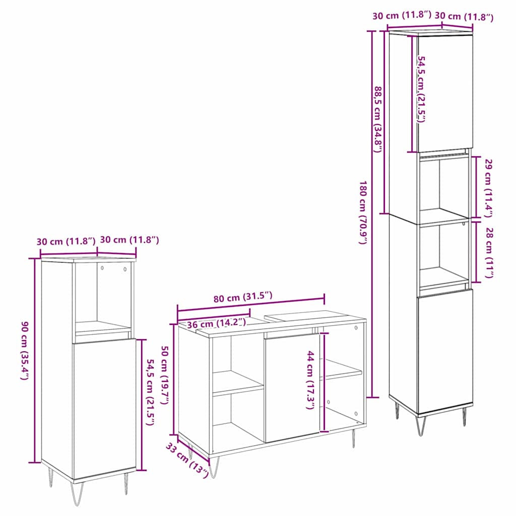 vidaXL Set di Mobili per Bagno con porta 3 pcs Rovere artigianale