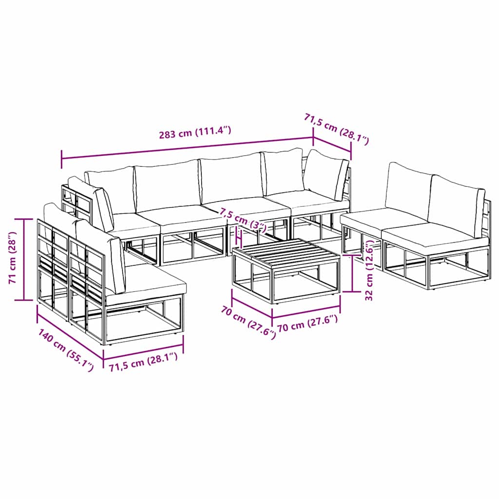vidaXL Set Divano da Giardino con cuscino 9 pcs Nero Alluminio