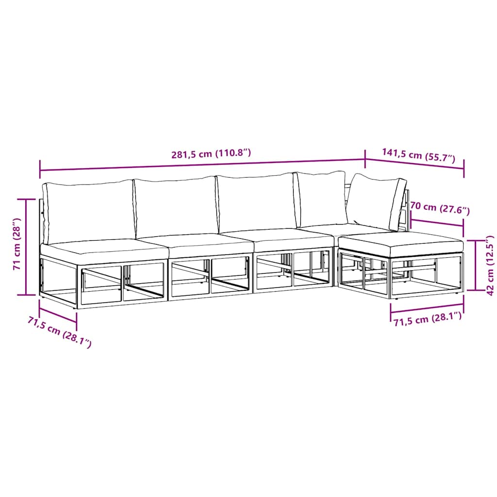 vidaXL Set Divano da Giardino con cuscino 5 pcs Nero Alluminio