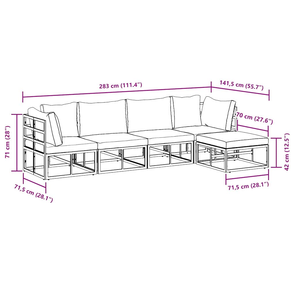 vidaXL Set Divano da Giardino con cuscino 5 pcs Nero Alluminio