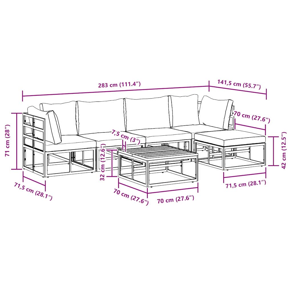 vidaXL Set Divano da Giardino con cuscino 6 pcs Nero Alluminio