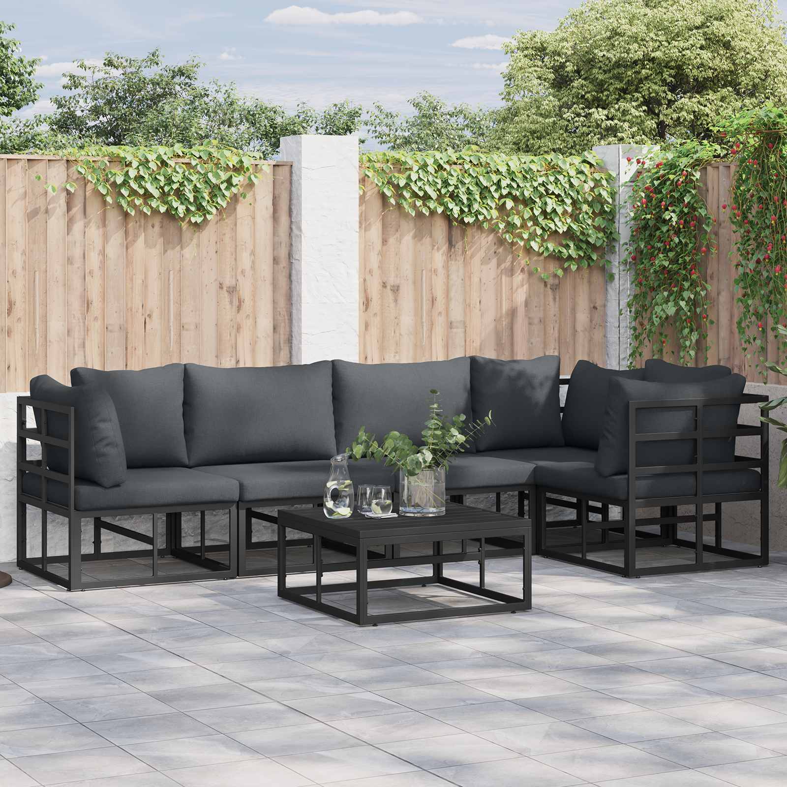 Set Divano da Giardino con cuscino 6 pcs Nero Alluminio 3378867