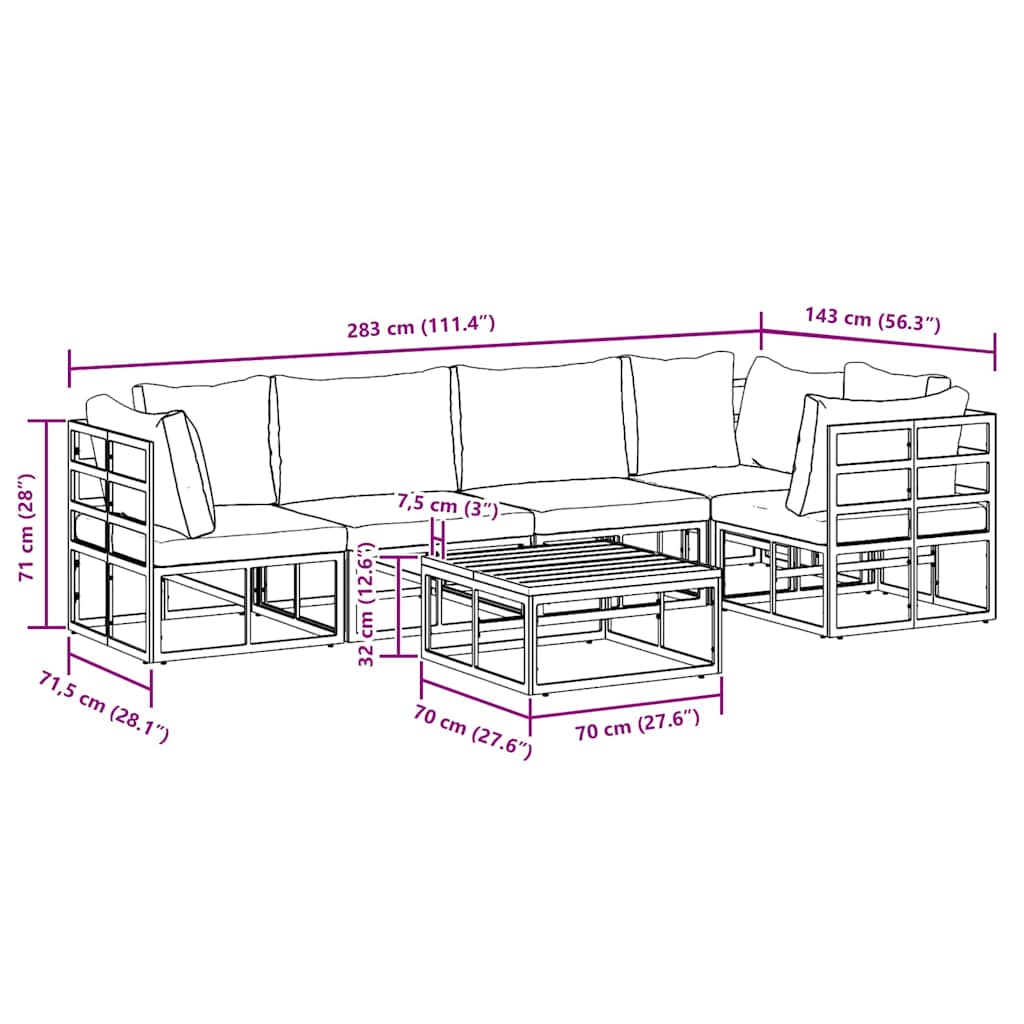 vidaXL Set Divano da Giardino con cuscino 6 pcs Nero Alluminio