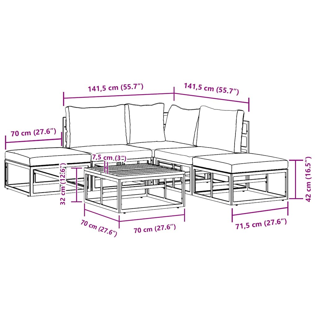 vidaXL Set Divano da Giardino con cuscino 6 pcs Nero Alluminio