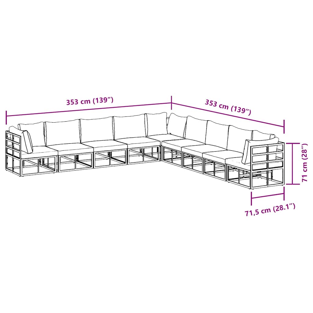 vidaXL Set Divano da Giardino con cuscino 9 pcs Nero Alluminio
