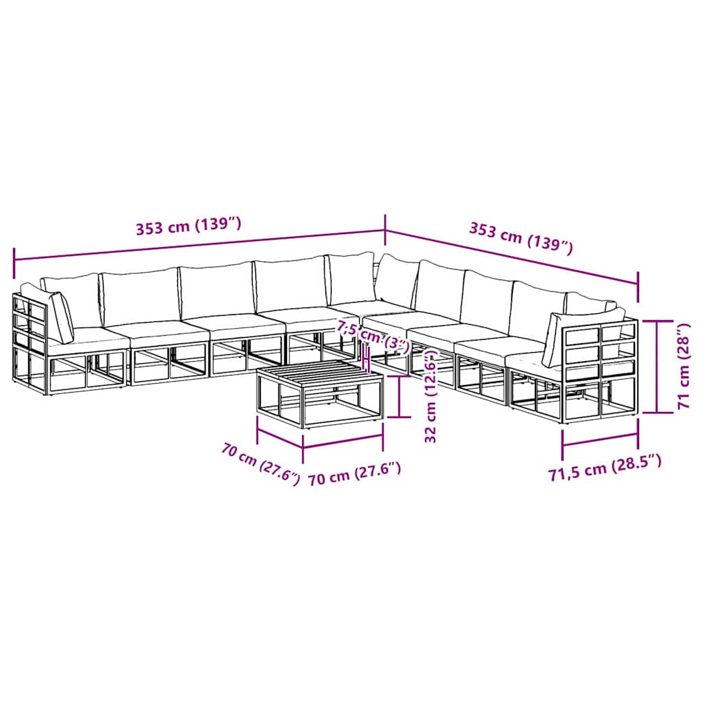 vidaXL Set Divano da Giardino con cuscino 10 pcs Nero Alluminio