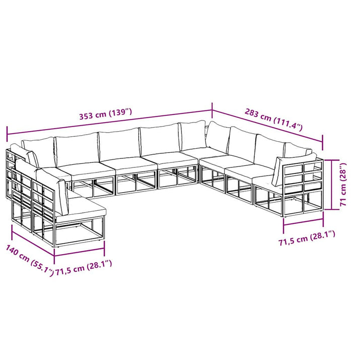 vidaXL Set Divano da Giardino con cuscino 10 pcs Nero Alluminio
