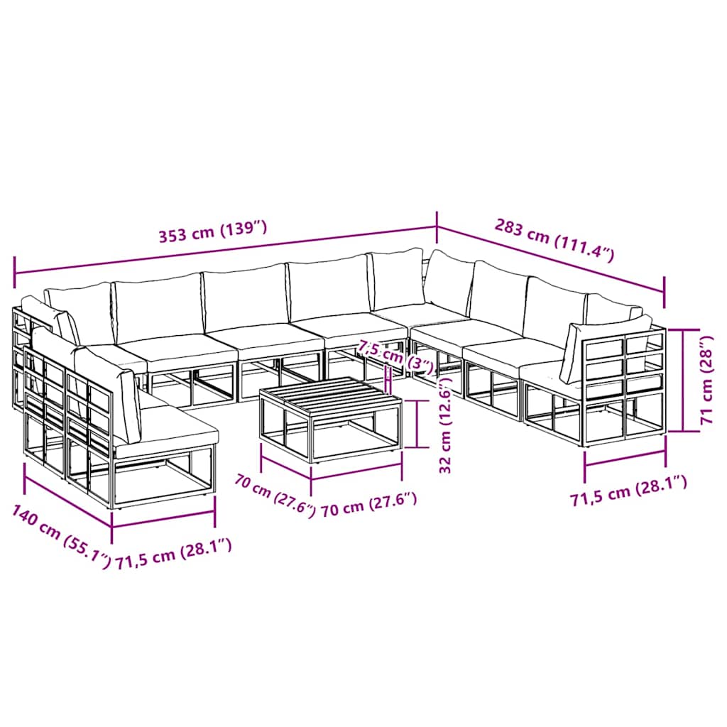 vidaXL Set Divano da Giardino con cuscino 11 pcs Nero Alluminio