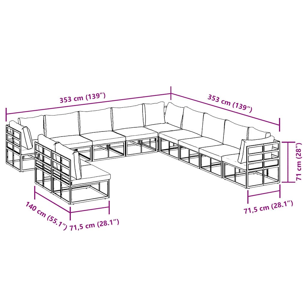 vidaXL Set Divano da Giardino con cuscino 11 pcs Nero Alluminio