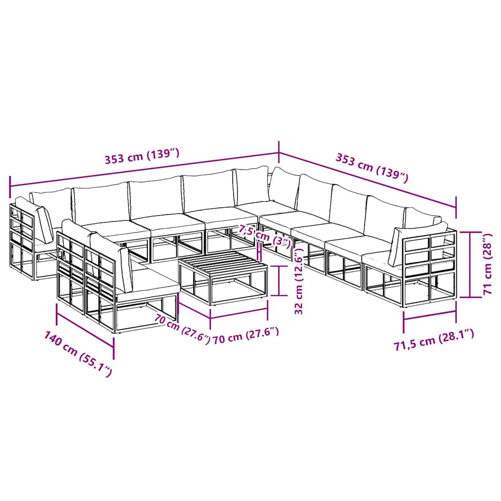 vidaXL Set Divano da Giardino con cuscino 12 pcs Nero Alluminio