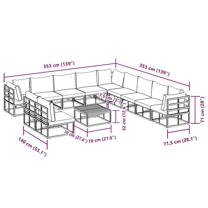 vidaXL Set Divano da Giardino con cuscino 12 pcs Nero Alluminio