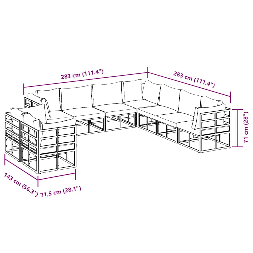 vidaXL Set Divano da Giardino con cuscino 9 pcs Nero Alluminio