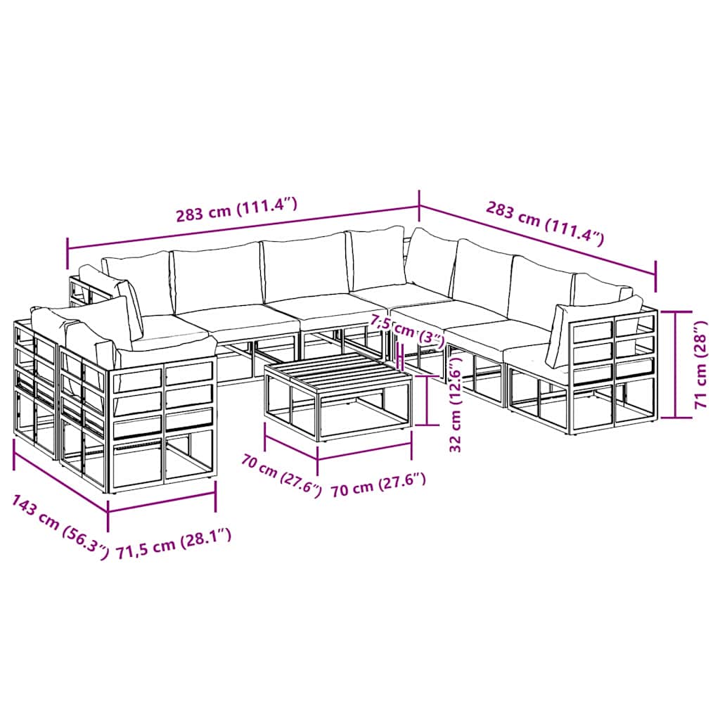 vidaXL Set Divano da Giardino con cuscino 10 pcs Nero Alluminio