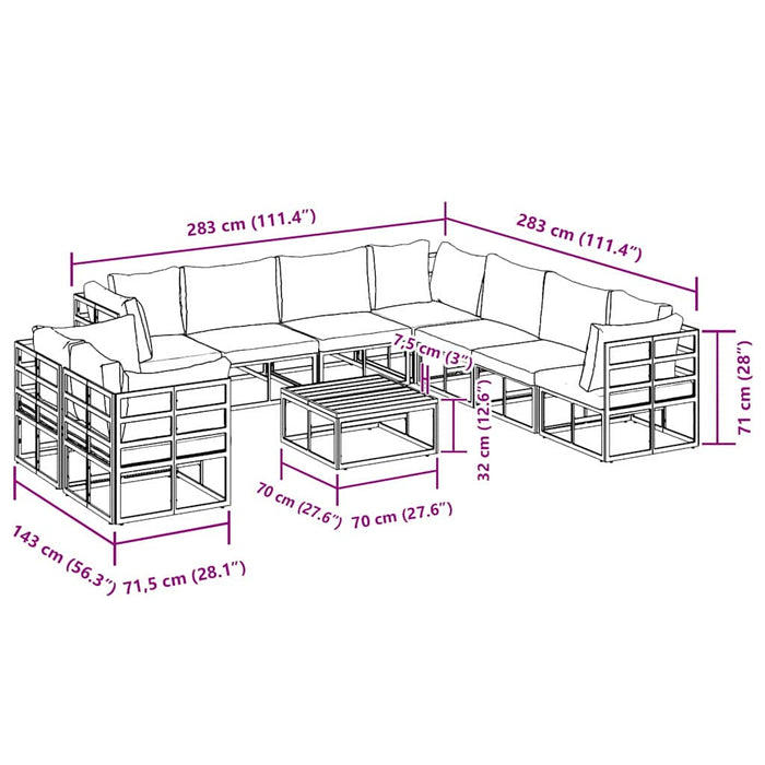 vidaXL Set Divano da Giardino con cuscino 10 pcs Nero Alluminio