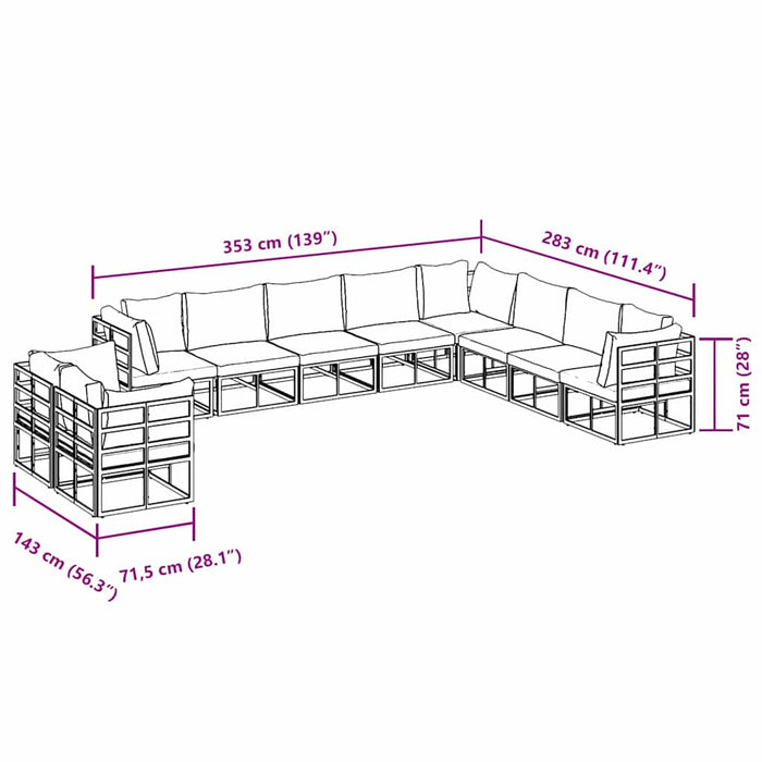 Set Divano da Giardino con cuscino 10 pcs Nero Alluminio