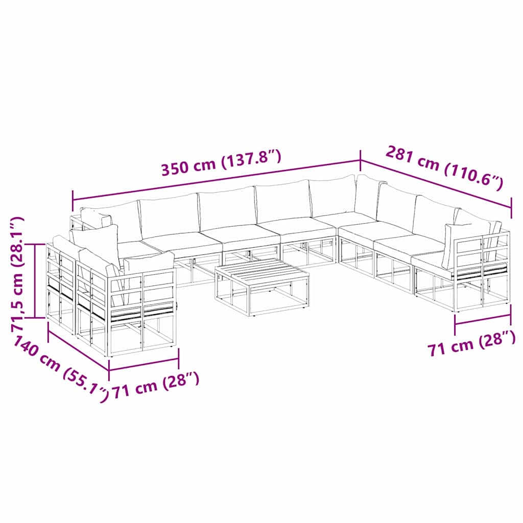 Set Divano da Giardino con cuscino 11 pcs Nero Alluminio