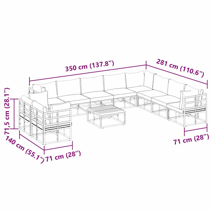 Set Divano da Giardino con cuscino 11 pcs Nero Alluminio