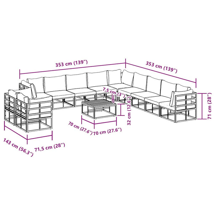 Set Divano da Giardino con cuscino 12 pcs Nero Alluminio
