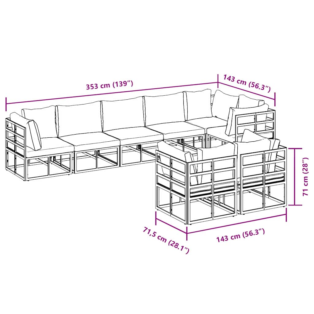 Set Divano da Giardino con cuscino 8 pcs Nero Alluminio