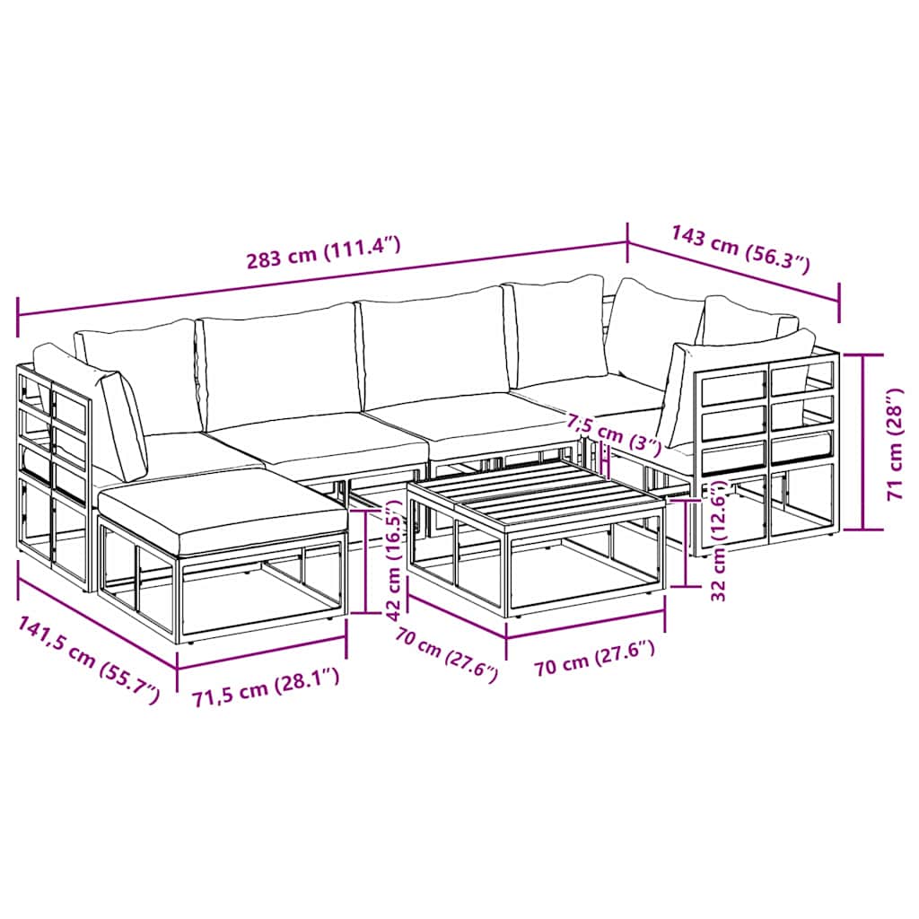 Set Divano da Giardino con cuscino 7 pcs Nero Alluminio