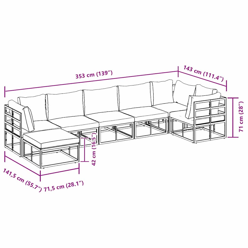 Set Divano da Giardino con cuscino 7 pcs Nero Alluminio