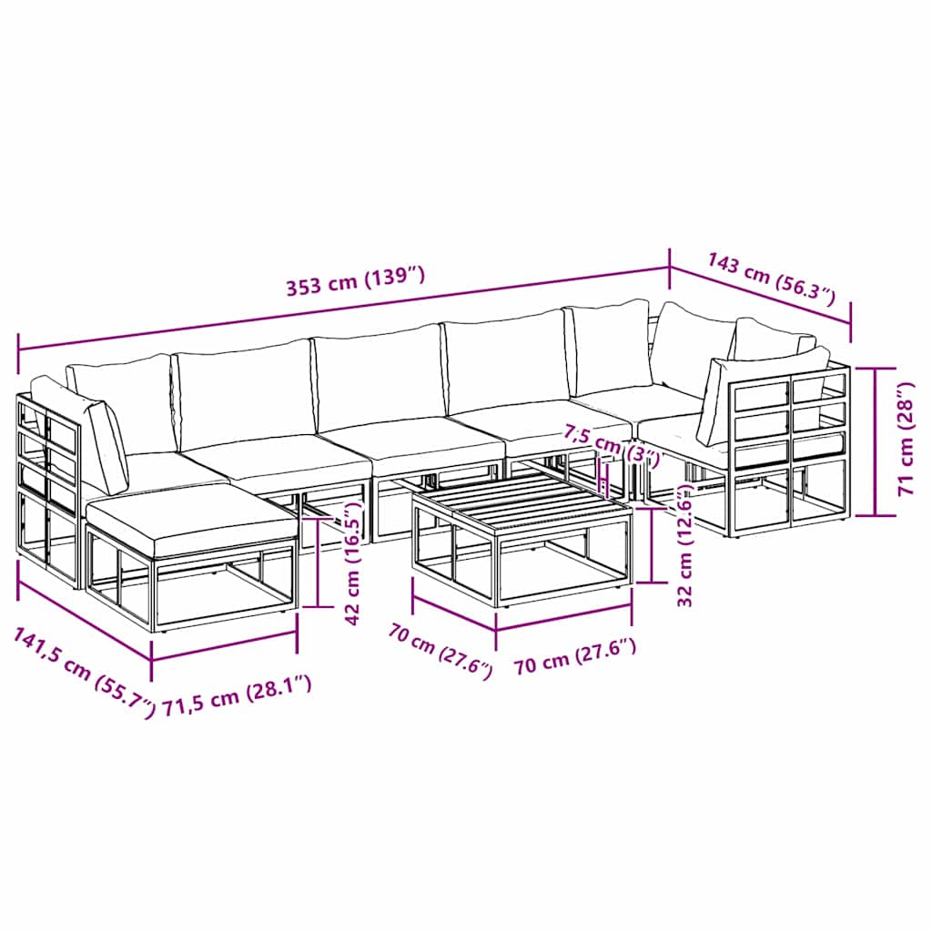 Set Divano da Giardino con cuscino 8 pcs Nero Alluminio