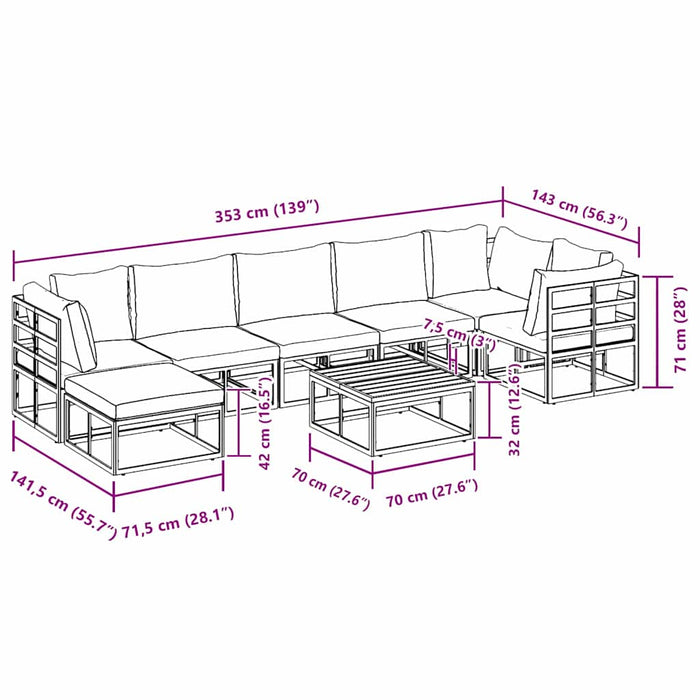 Set Divano da Giardino con cuscino 8 pcs Nero Alluminio