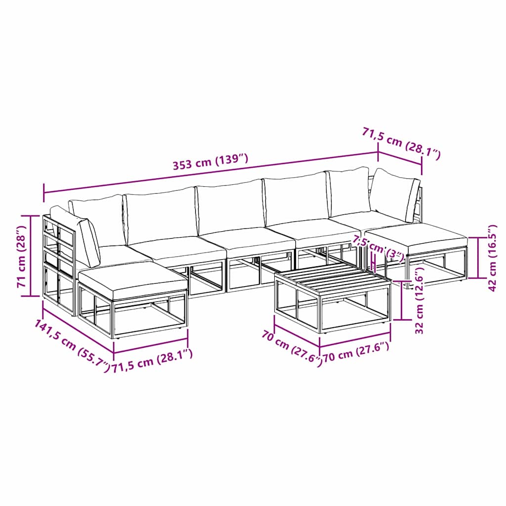 Set Divano da Giardino con cuscino 8 pcs Nero Alluminio