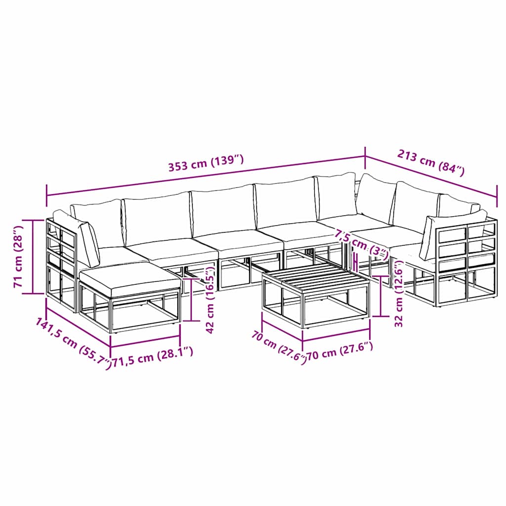 Set Divano da Giardino con cuscino 9 pcs Nero Alluminio
