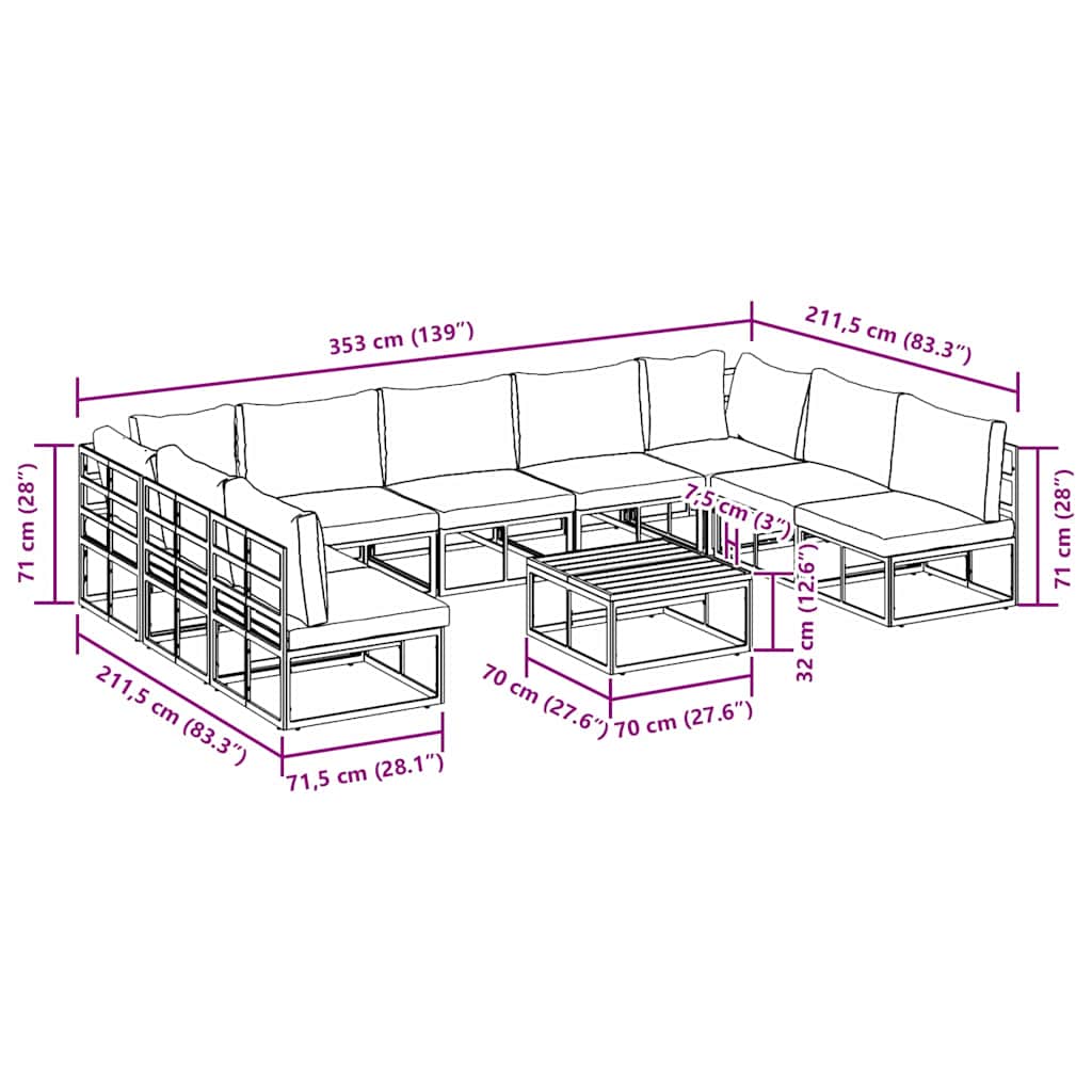 Set Divano da Giardino con cuscino 10 pcs Nero Alluminio