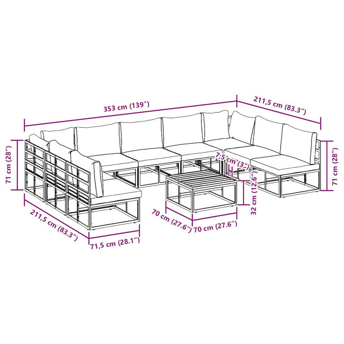 Set Divano da Giardino con cuscino 10 pcs Nero Alluminio