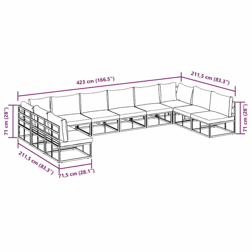 vidaXL Set Divano da Giardino con cuscino 10 pcs Nero Alluminio