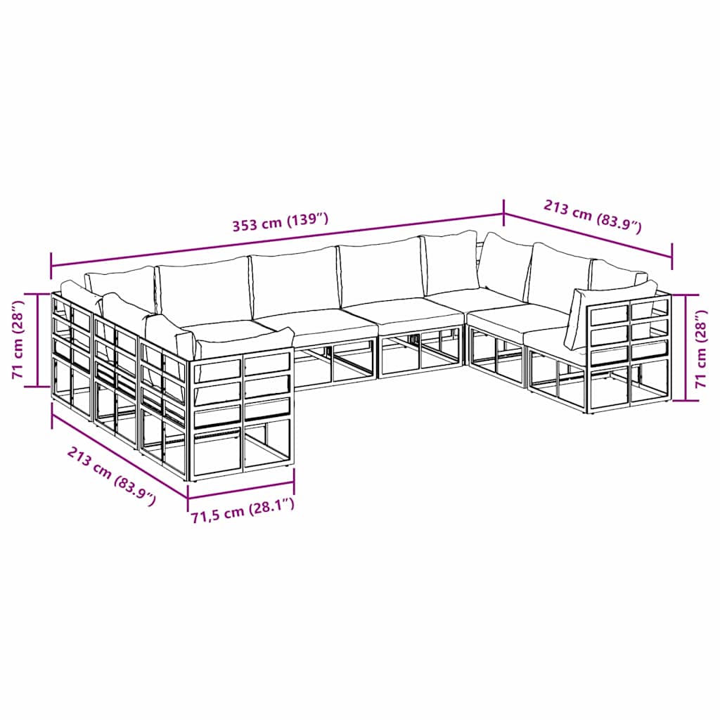 Set Divano da Giardino con cuscino 9 pcs Nero Alluminio