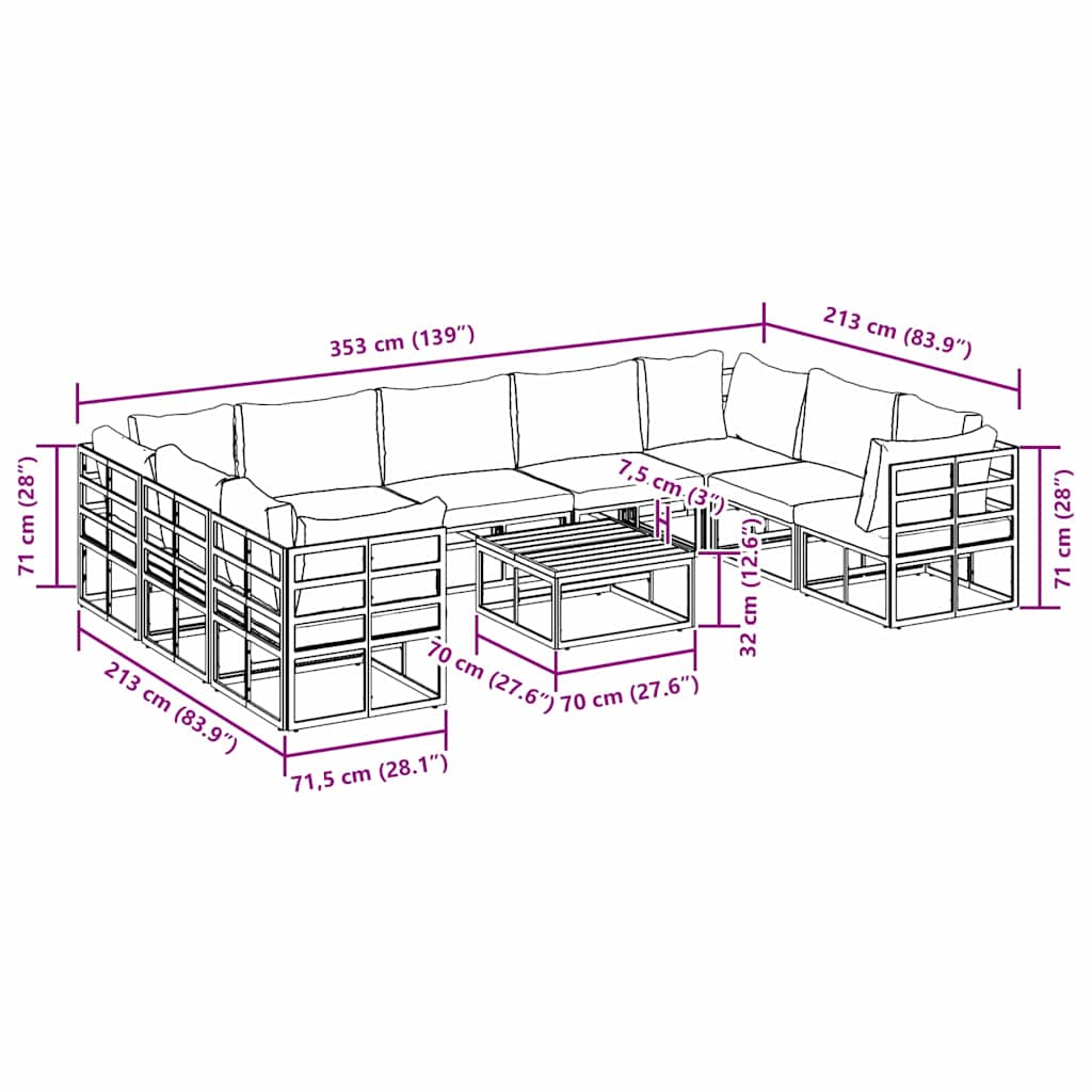 Set Divano da Giardino con cuscino 10 pcs Nero Alluminio