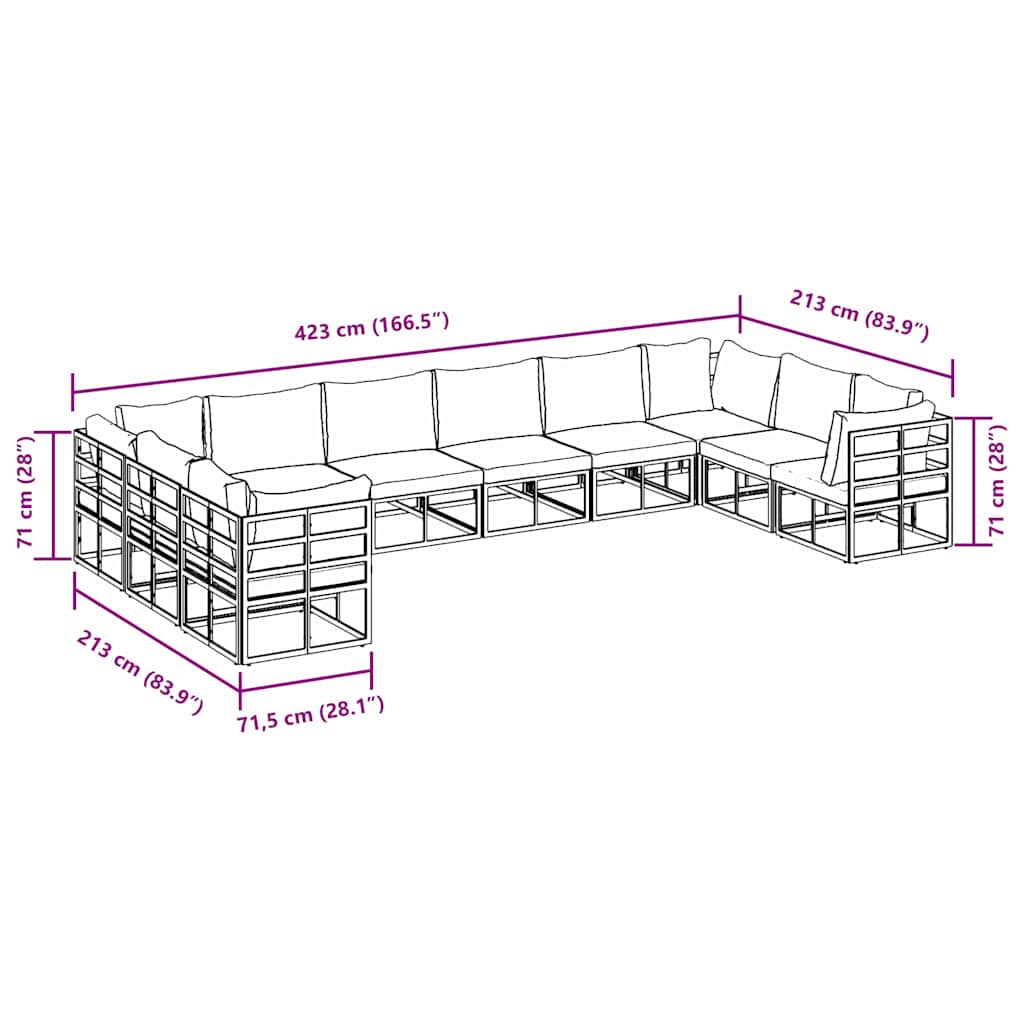 vidaXL Set Divano da Giardino con cuscino 10 pcs Nero Alluminio