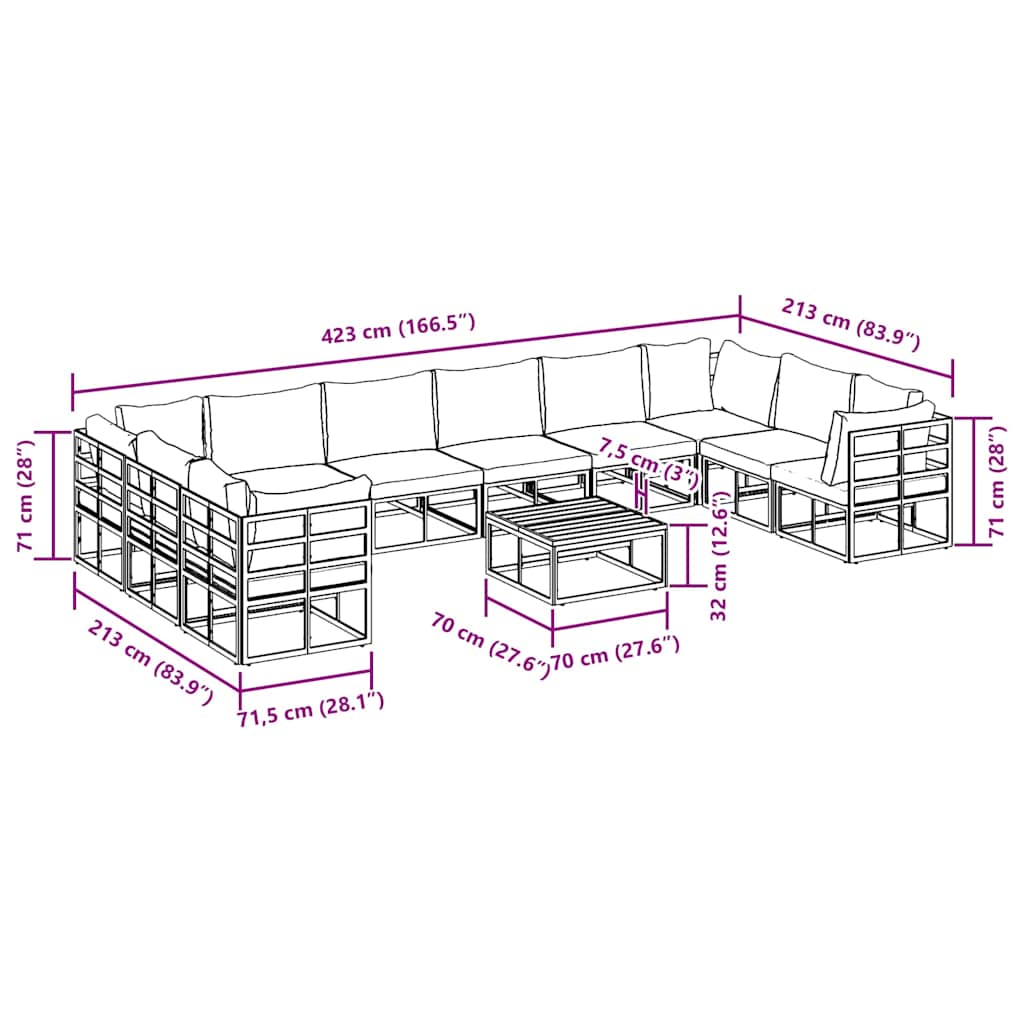 vidaXL Set Divano da Giardino con cuscino 11 pcs Nero Alluminio